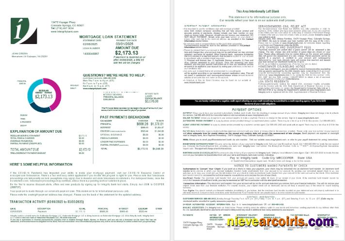 USA Integrity Bank mortgage loan statement, 4 pages 1-2